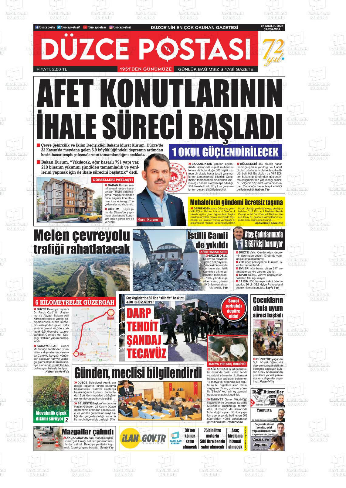 07 Aralık 2022 Düzce Postası Gazete Manşeti