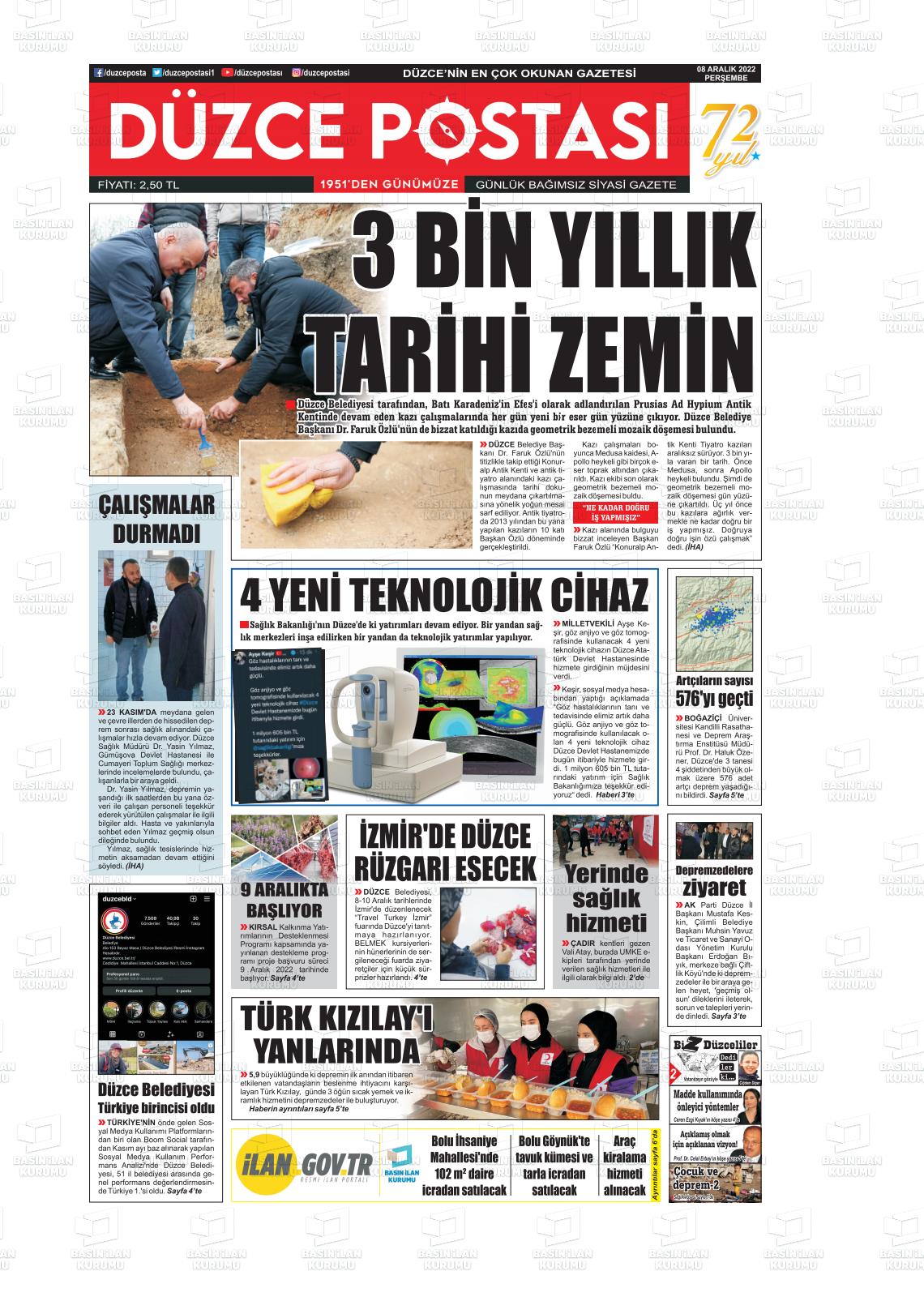 08 Aralık 2022 Düzce Postası Gazete Manşeti
