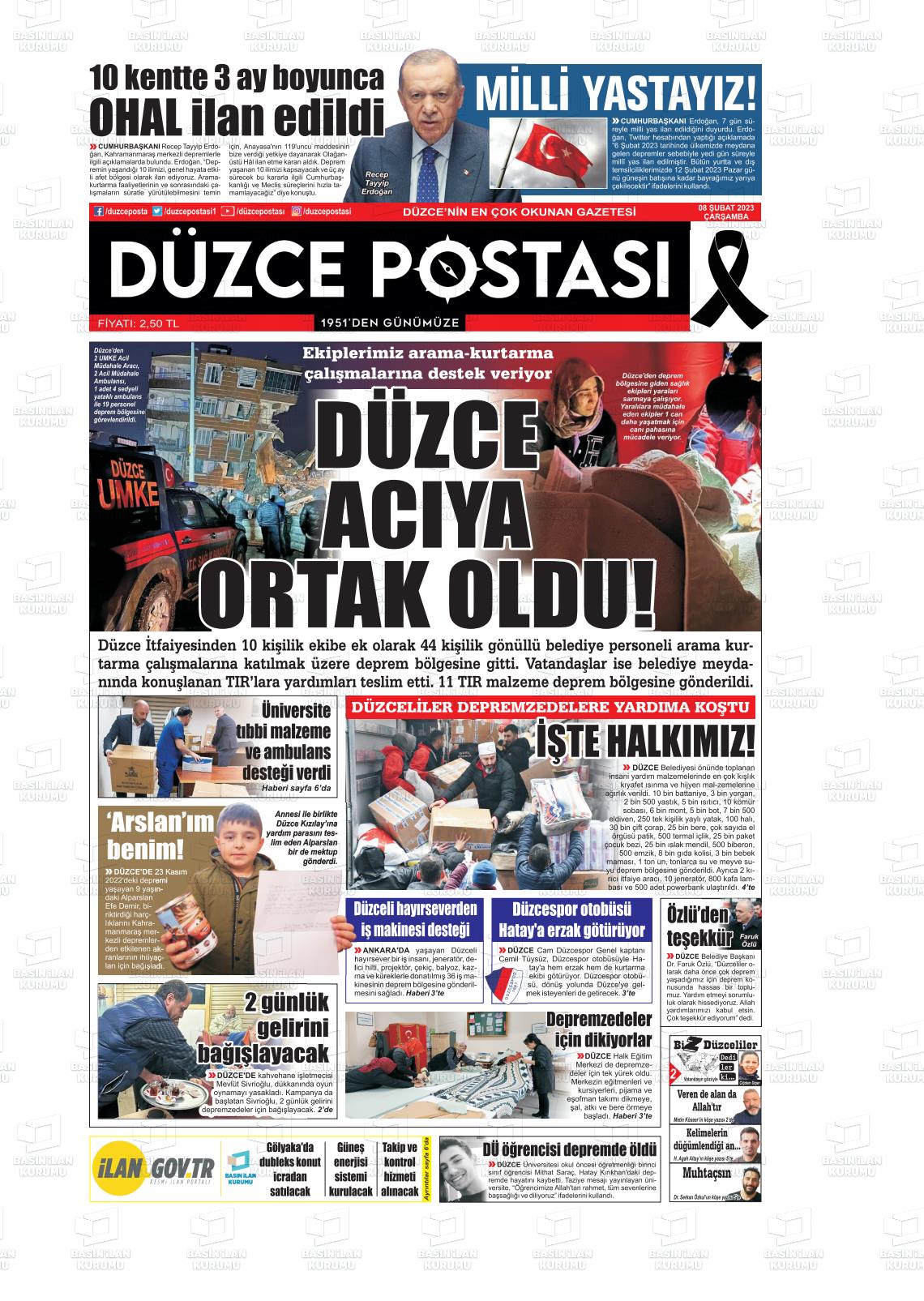 08 Şubat 2023 Düzce Postası Gazete Manşeti