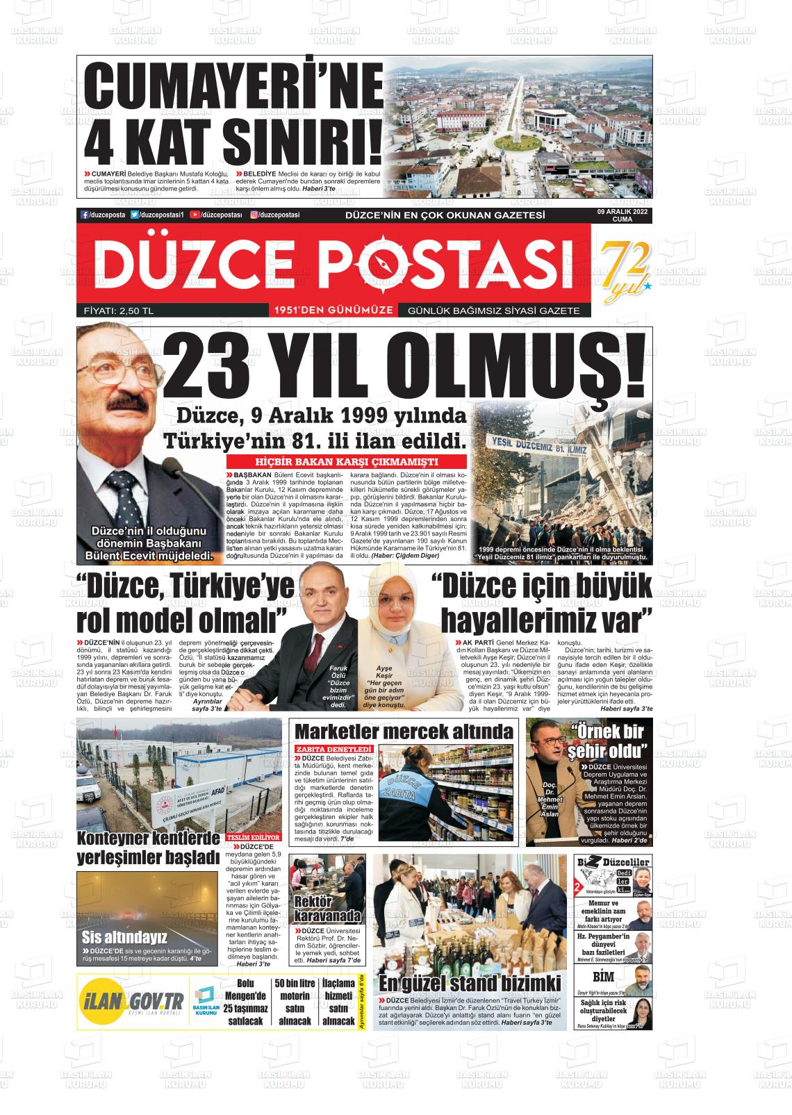 09 Aralık 2022 Düzce Postası Gazete Manşeti