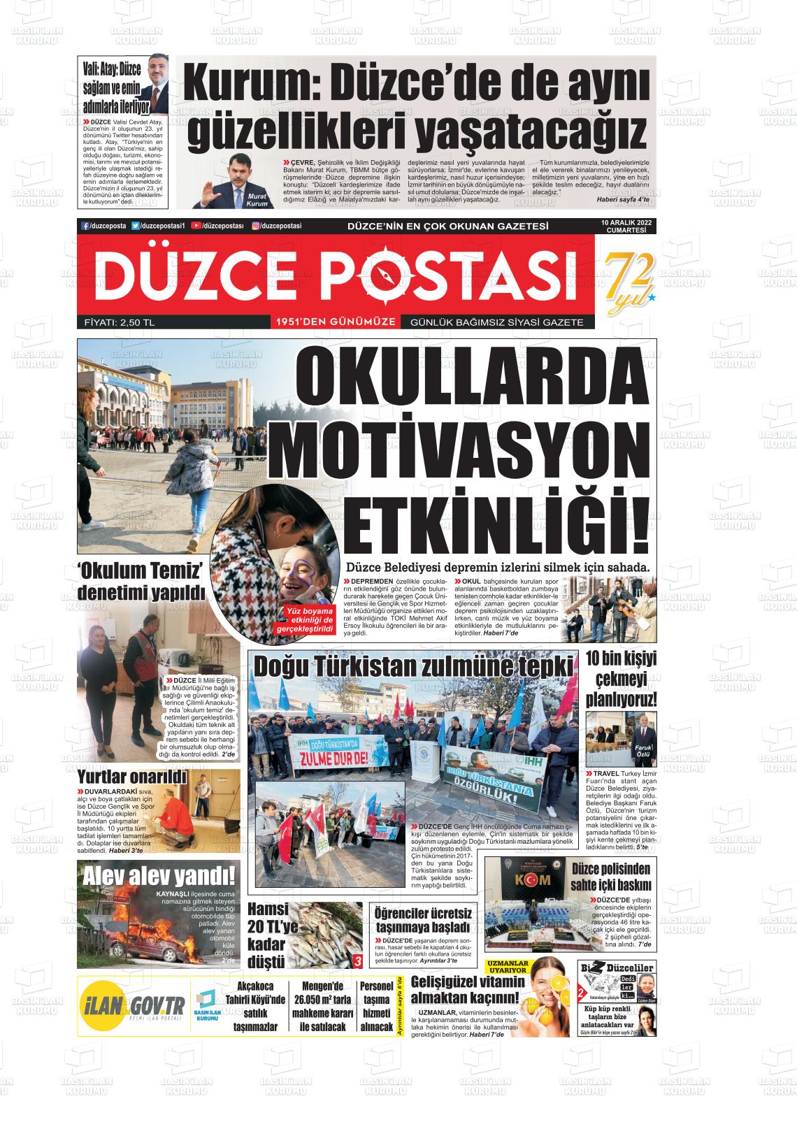 10 Aralık 2022 Düzce Postası Gazete Manşeti
