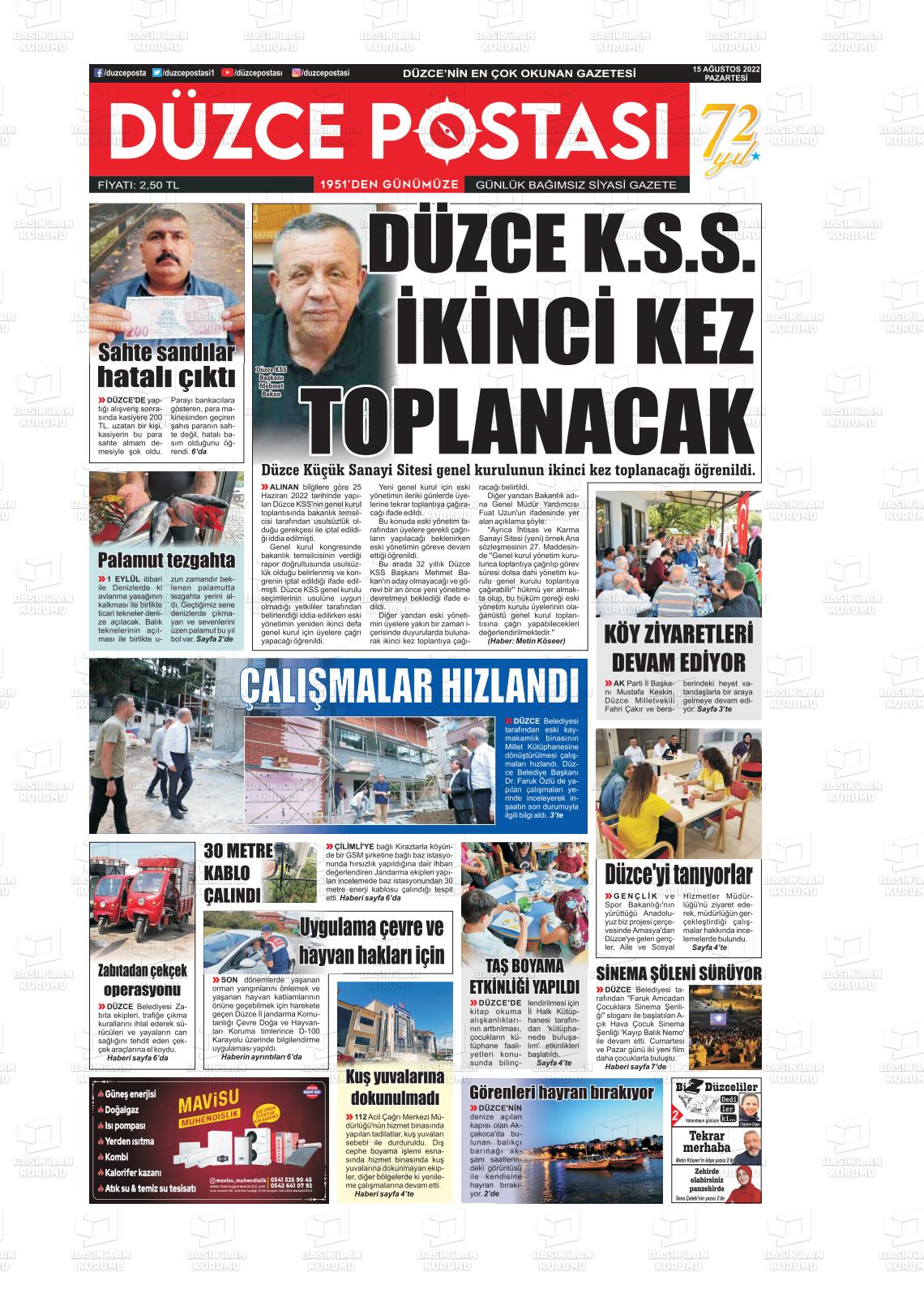 15 Ağustos 2022 Düzce Postası Gazete Manşeti