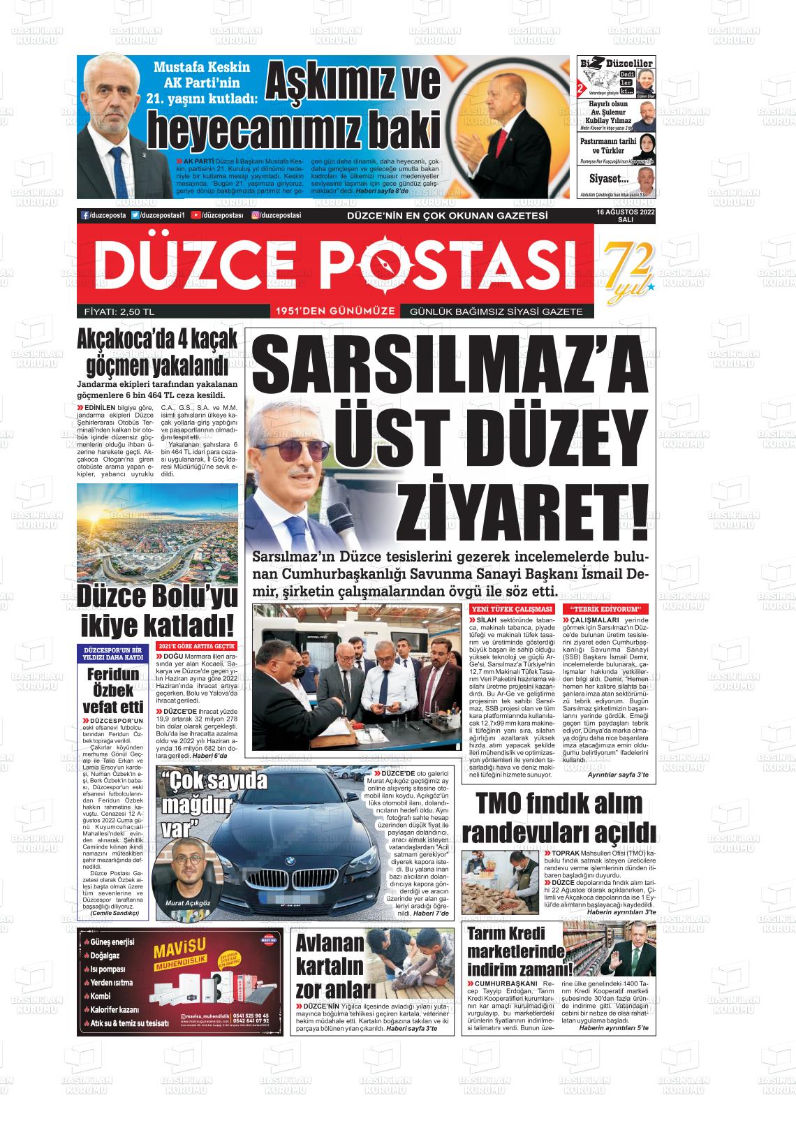 16 Ağustos 2022 Düzce Postası Gazete Manşeti