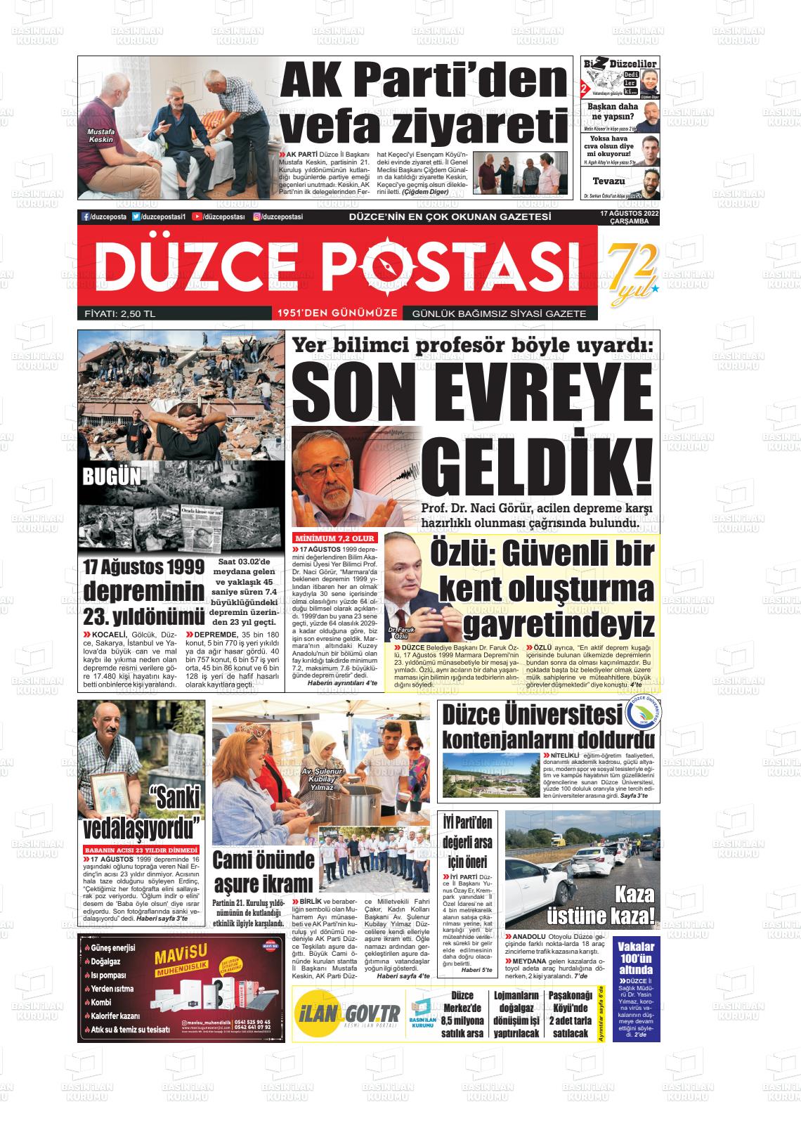 17 Ağustos 2022 Düzce Postası Gazete Manşeti