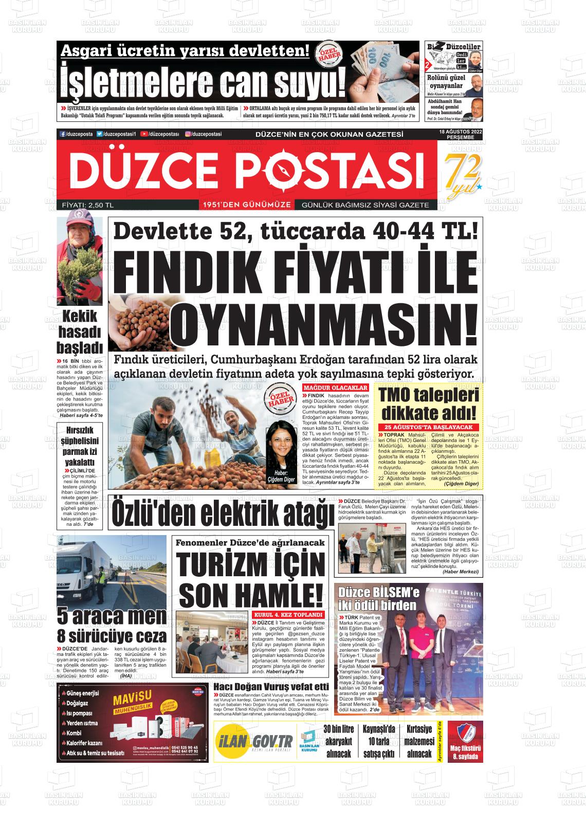 18 Ağustos 2022 Düzce Postası Gazete Manşeti