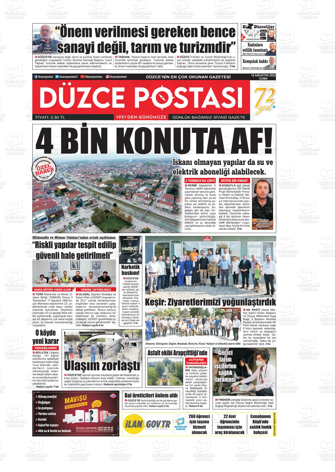 19 Ağustos 2022 Düzce Postası Gazete Manşeti