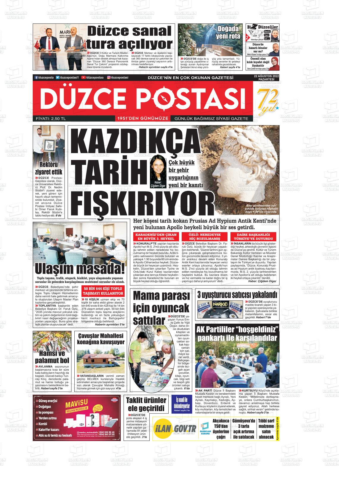 22 Ağustos 2022 Düzce Postası Gazete Manşeti