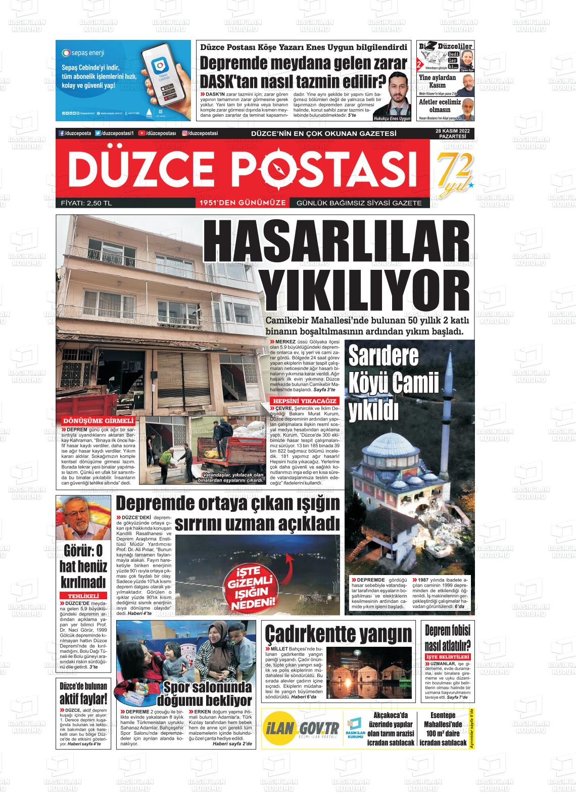 28 Kasım 2022 Düzce Postası Gazete Manşeti