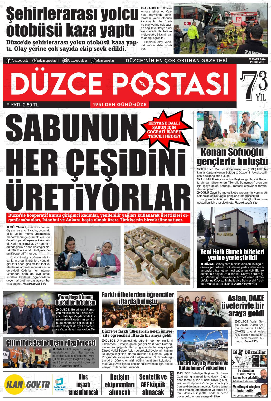 28 Mart 2024 Düzce Postası Gazete Manşeti
