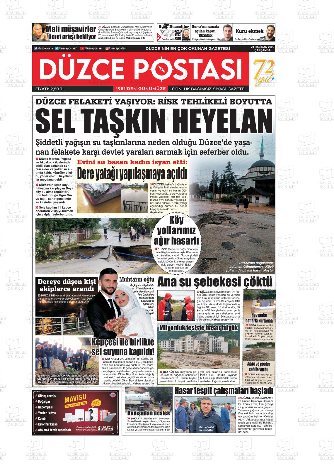29 Haziran 2022 Düzce Postası Gazete Manşeti
