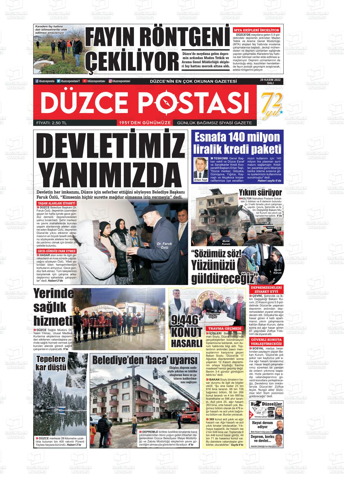 29 Kasım 2022 Düzce Postası Gazete Manşeti