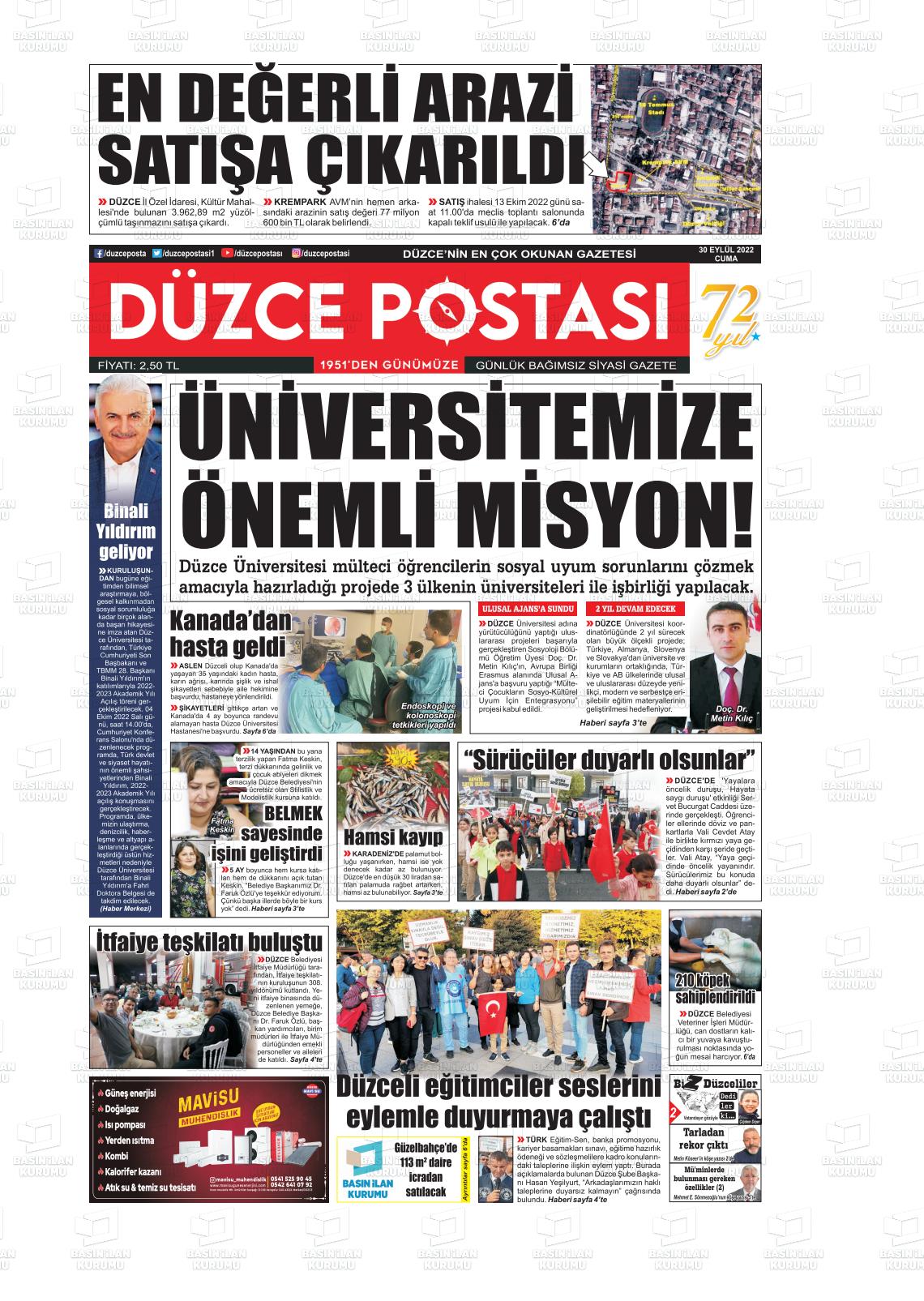 30 Eylül 2022 Düzce Postası Gazete Manşeti