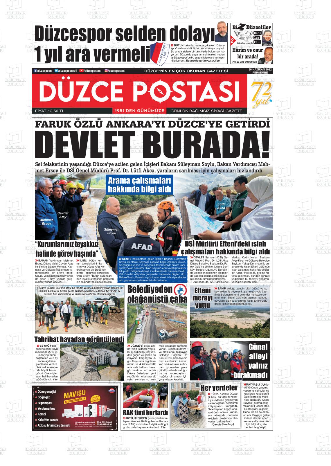 01 Temmuz 2022 Düzce Postası Gazete Manşeti