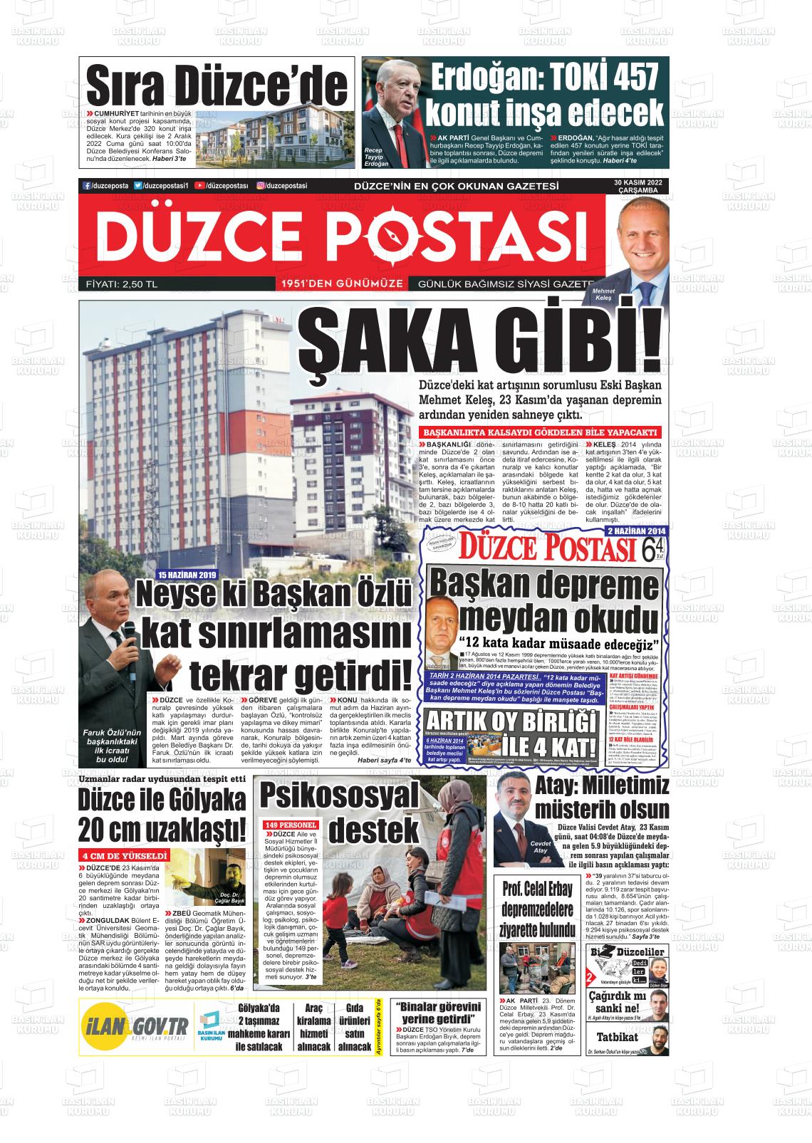 30 Kasım 2022 Düzce Postası Gazete Manşeti