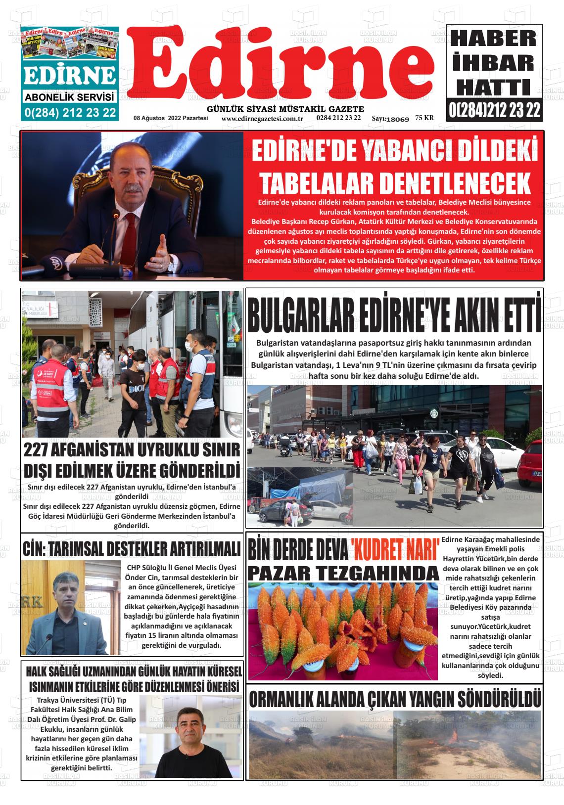 08 Ağustos 2022 Edirne Gazete Manşeti