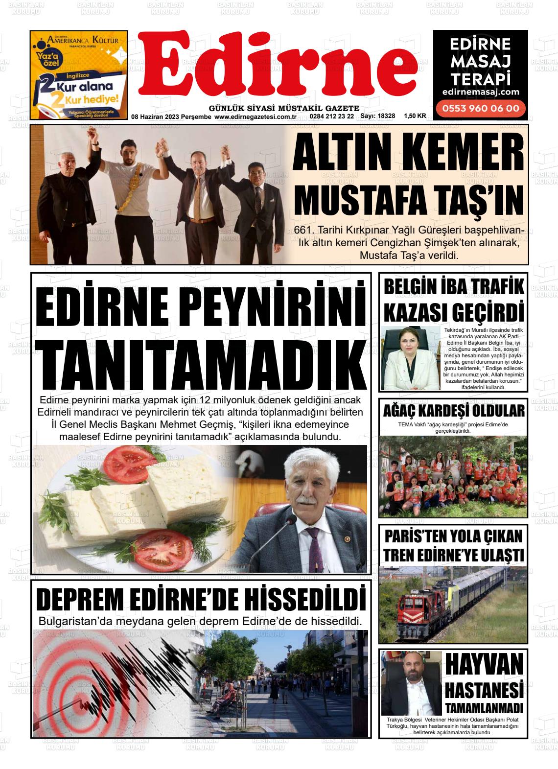 08 Haziran 2023 Edirne Gazete Manşeti