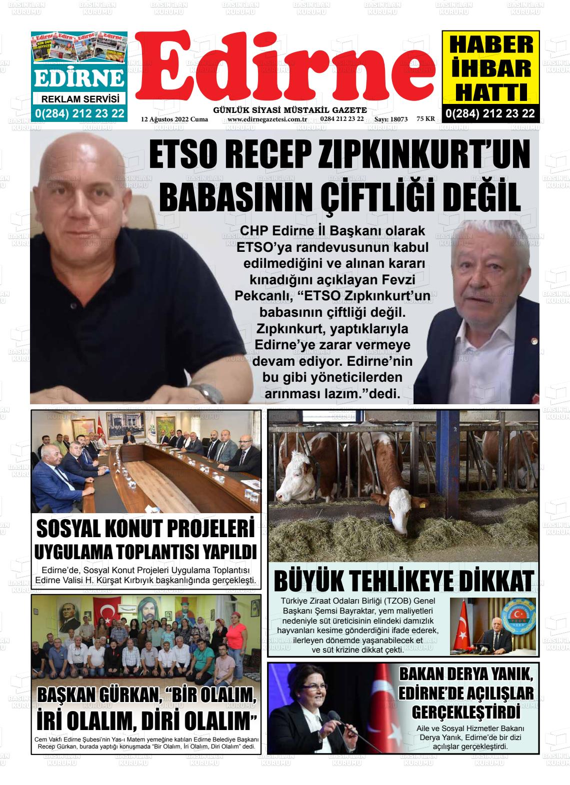 12 Ağustos 2022 Edirne Gazete Manşeti