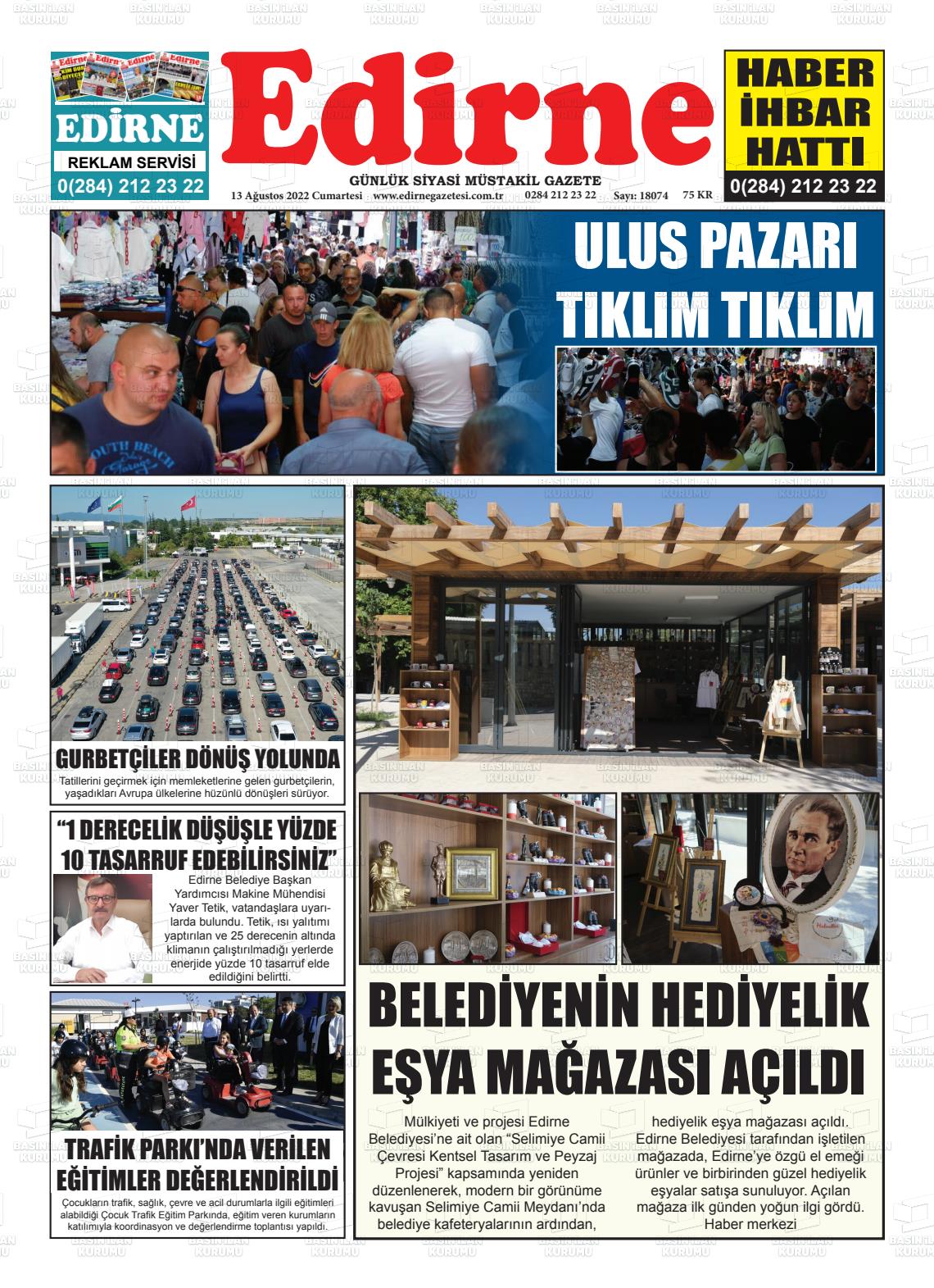13 Ağustos 2022 Edirne Gazete Manşeti