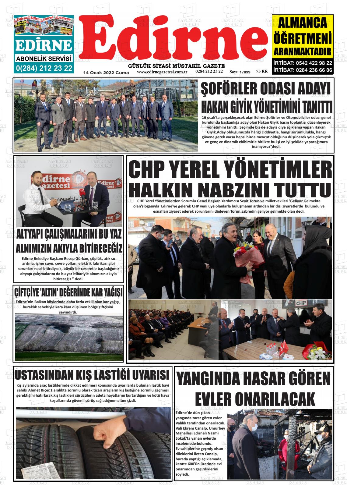 14 Ocak 2022 Edirne Gazete Manşeti
