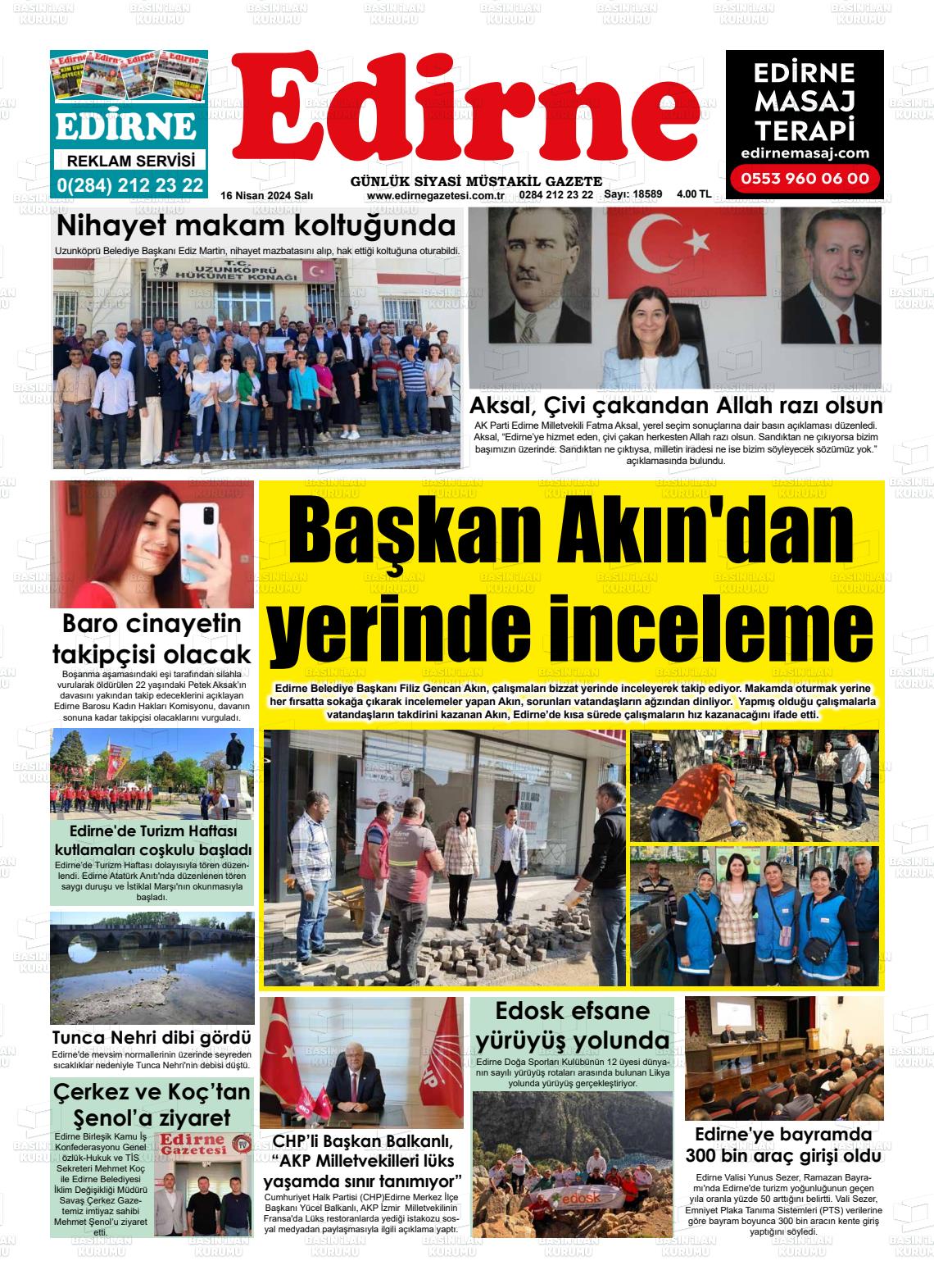 18 Nisan 2024 Edirne Gazete Manşeti