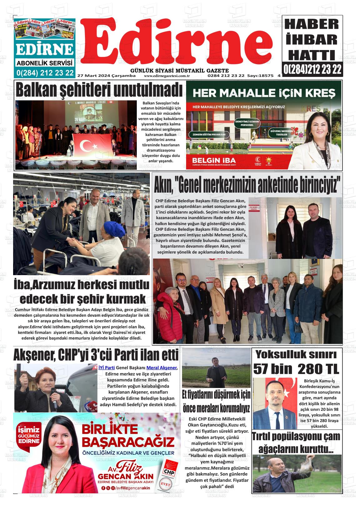 27 Mart 2024 Edirne Gazete Manşeti