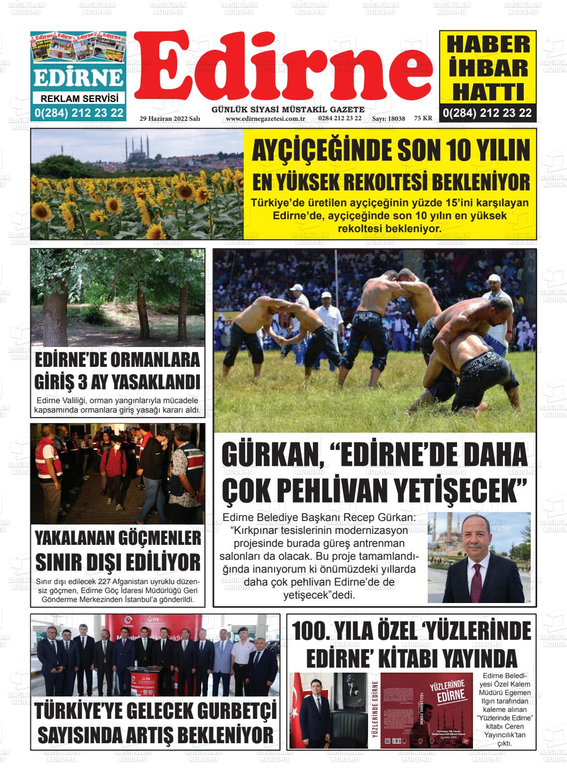 29 Haziran 2022 Edirne Gazete Manşeti