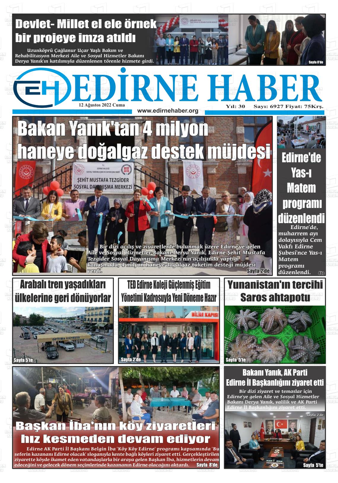 12 Ağustos 2022 edirne haber Gazete Manşeti
