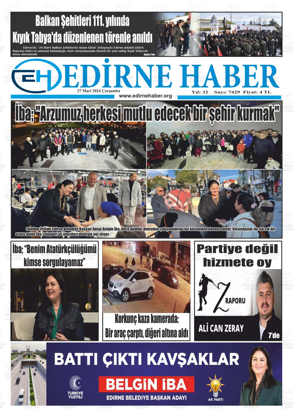 27 Mart 2024 edirne haber Gazete Manşeti