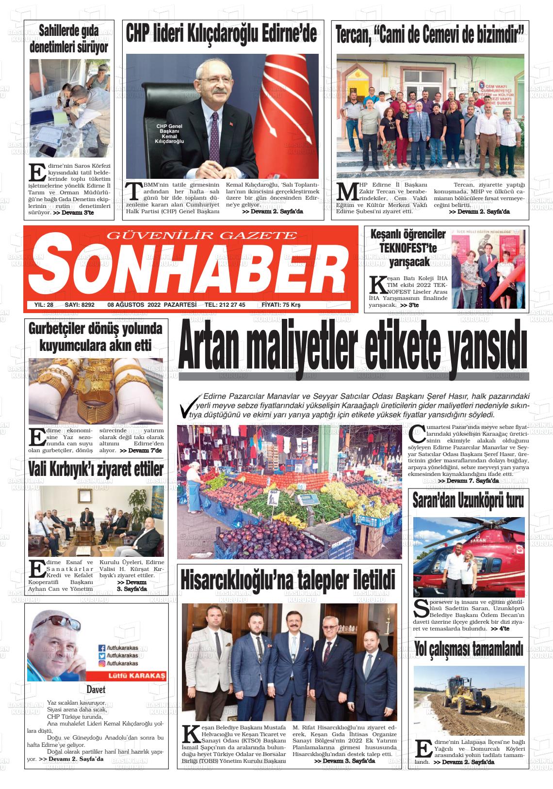 08 Ağustos 2022 Son Haber  - Edirne Son Haber Gazete Manşeti
