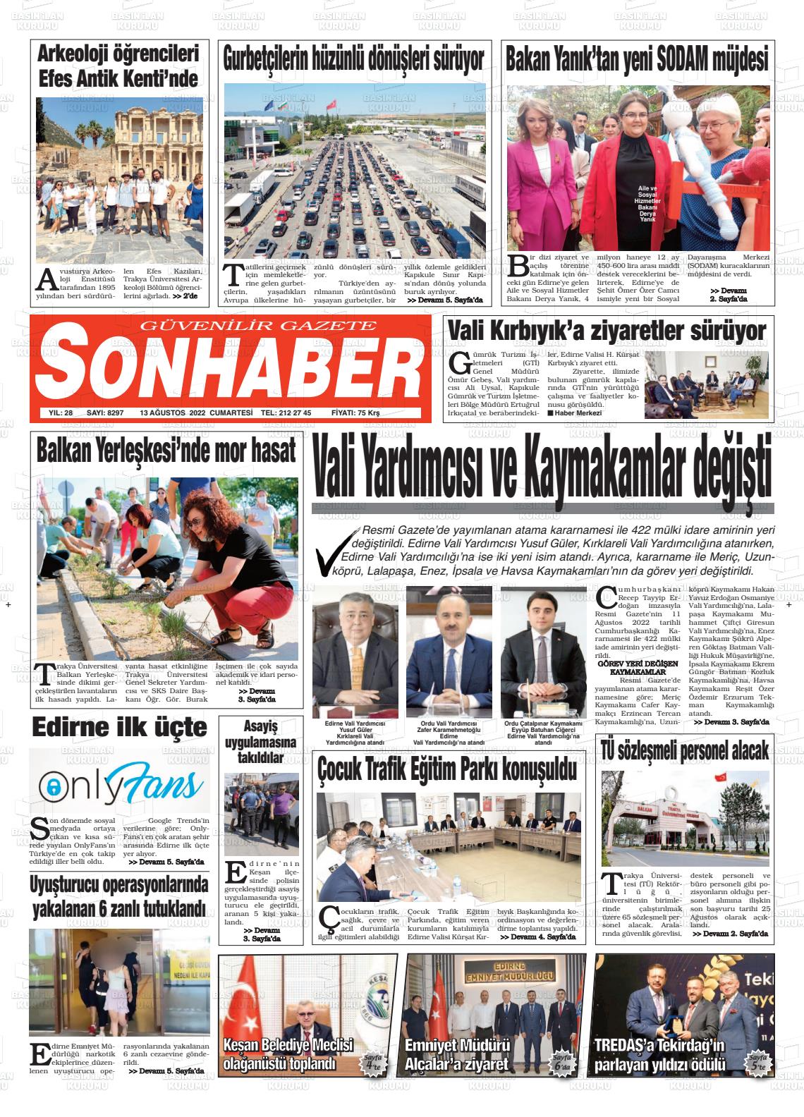 13 Ağustos 2022 Son Haber  - Edirne Son Haber Gazete Manşeti