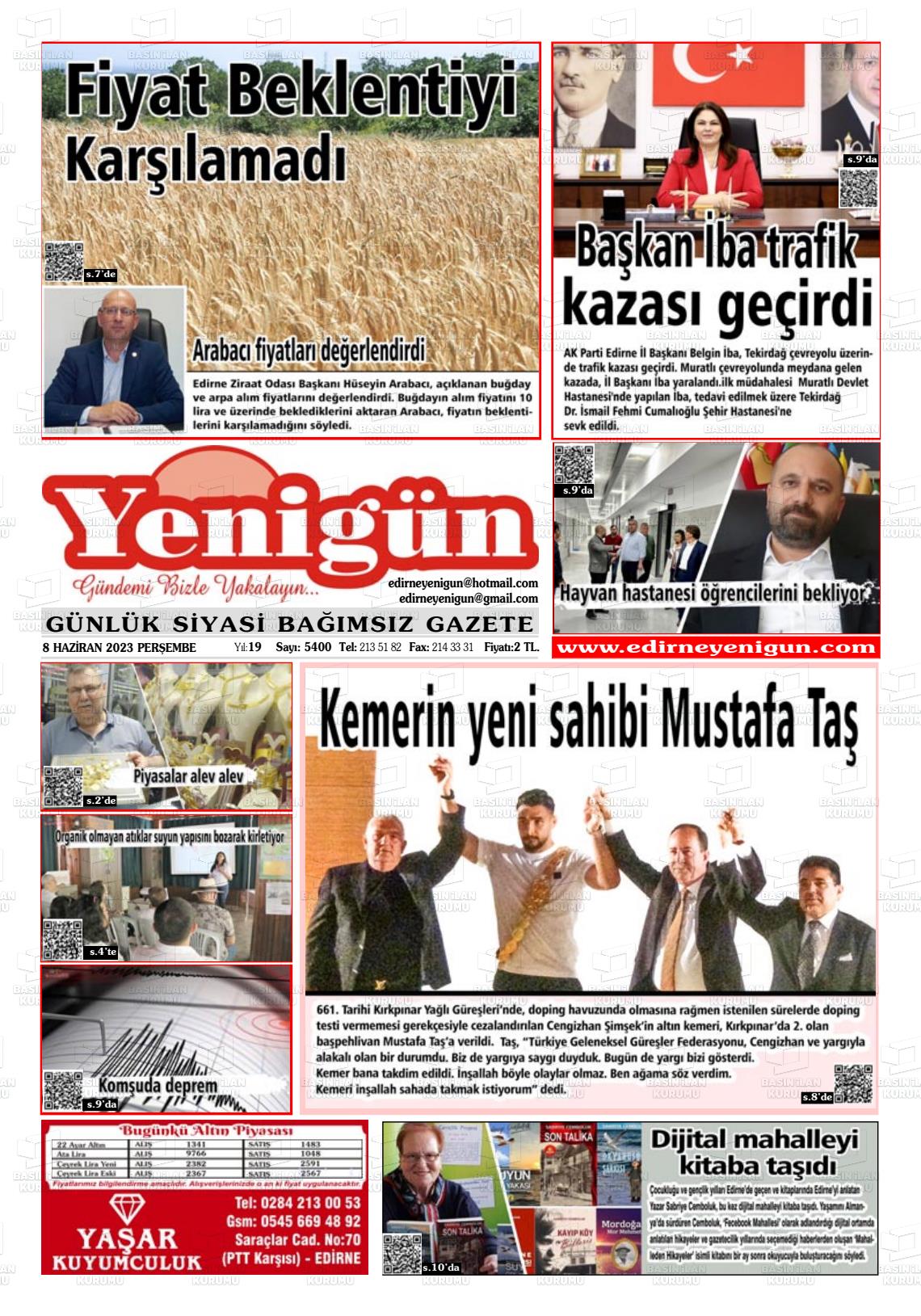 08 Haziran 2023 Edirne Yenigün Gazete Manşeti