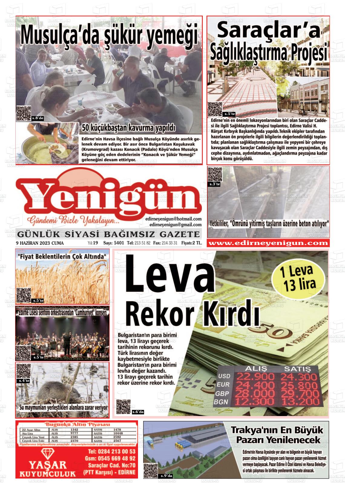 09 Haziran 2023 Edirne Yenigün Gazete Manşeti