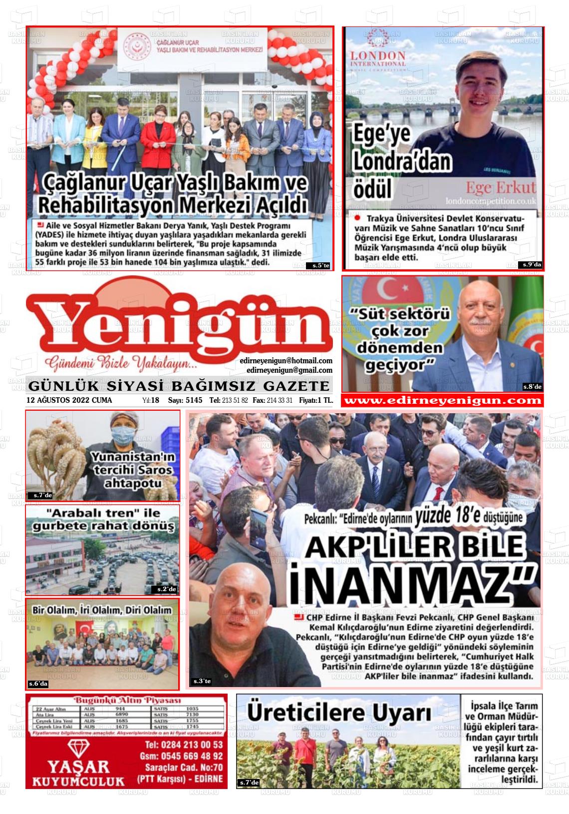 12 Ağustos 2022 Edirne Yenigün Gazete Manşeti
