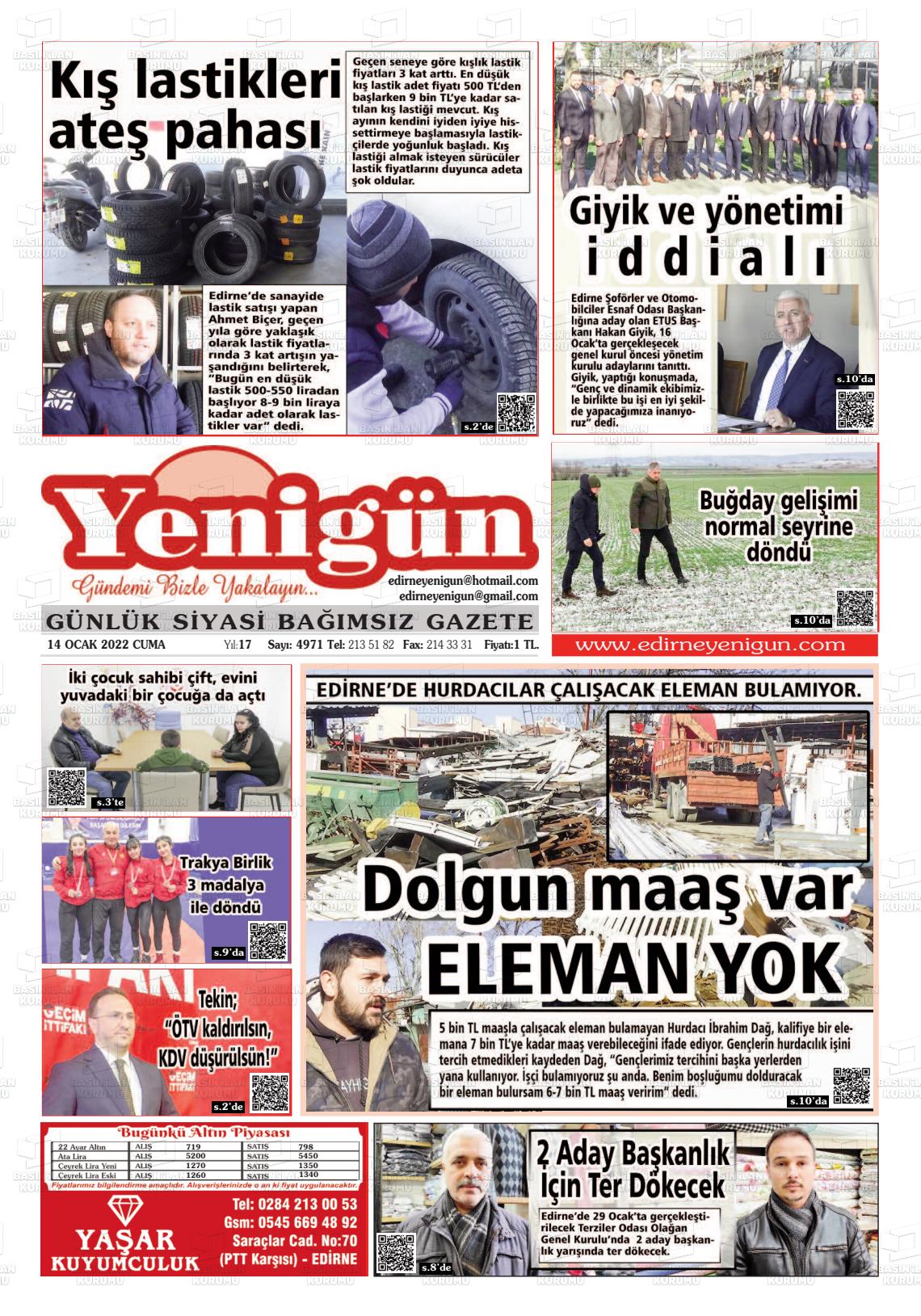 14 Ocak 2022 Edirne Yenigün Gazete Manşeti