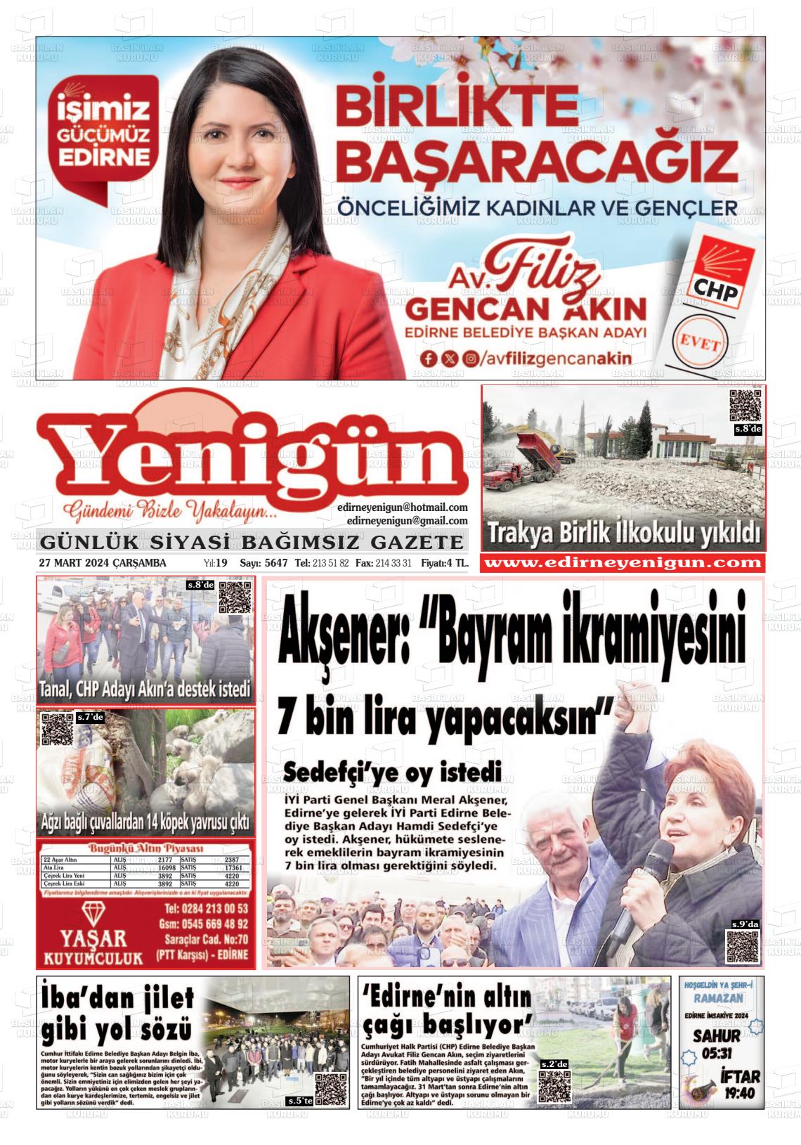 27 Mart 2024 Edirne Yenigün Gazete Manşeti