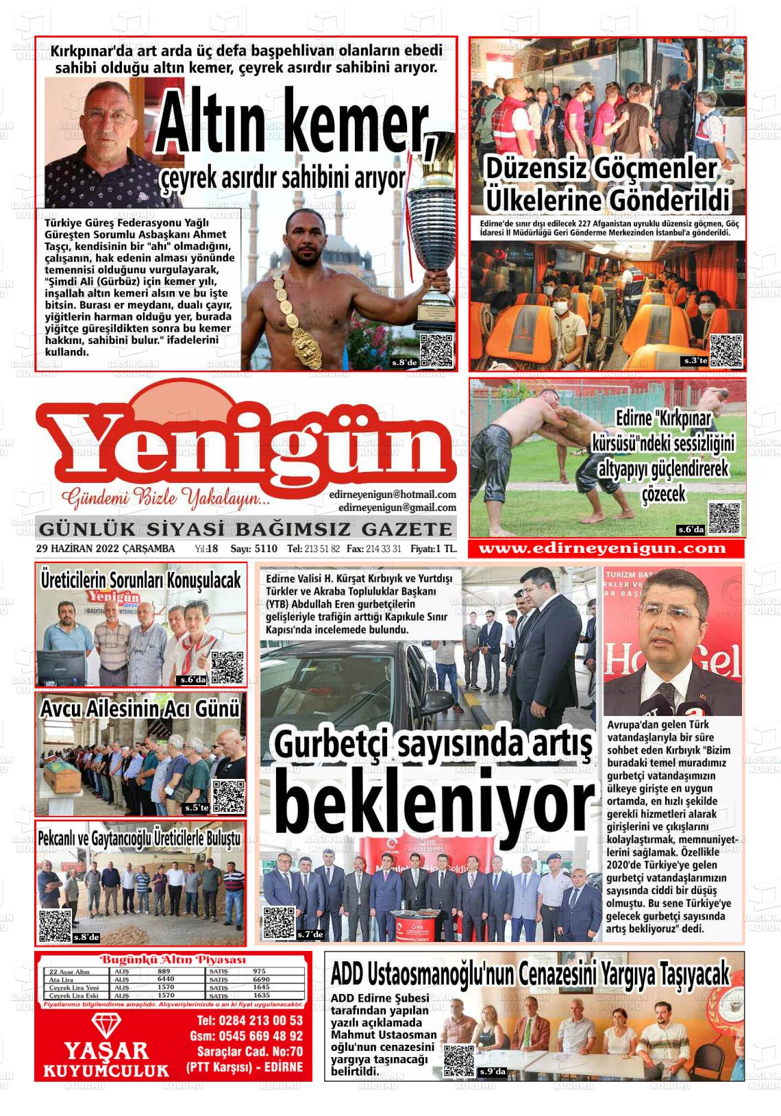 29 Haziran 2022 Edirne Yenigün Gazete Manşeti