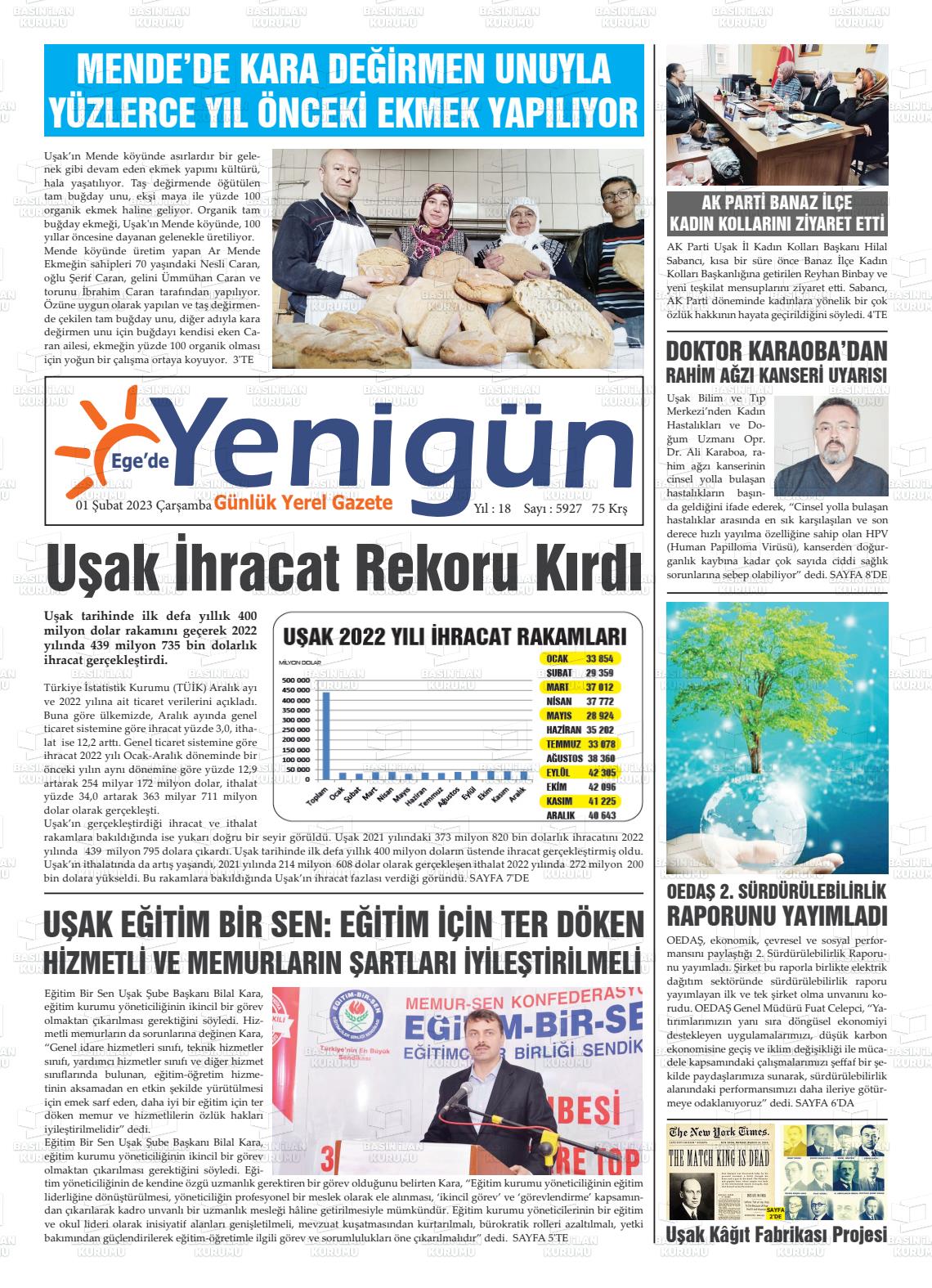 01 Şubat 2023 EGE'DE YENİGÜN GAZETESİ Gazete Manşeti
