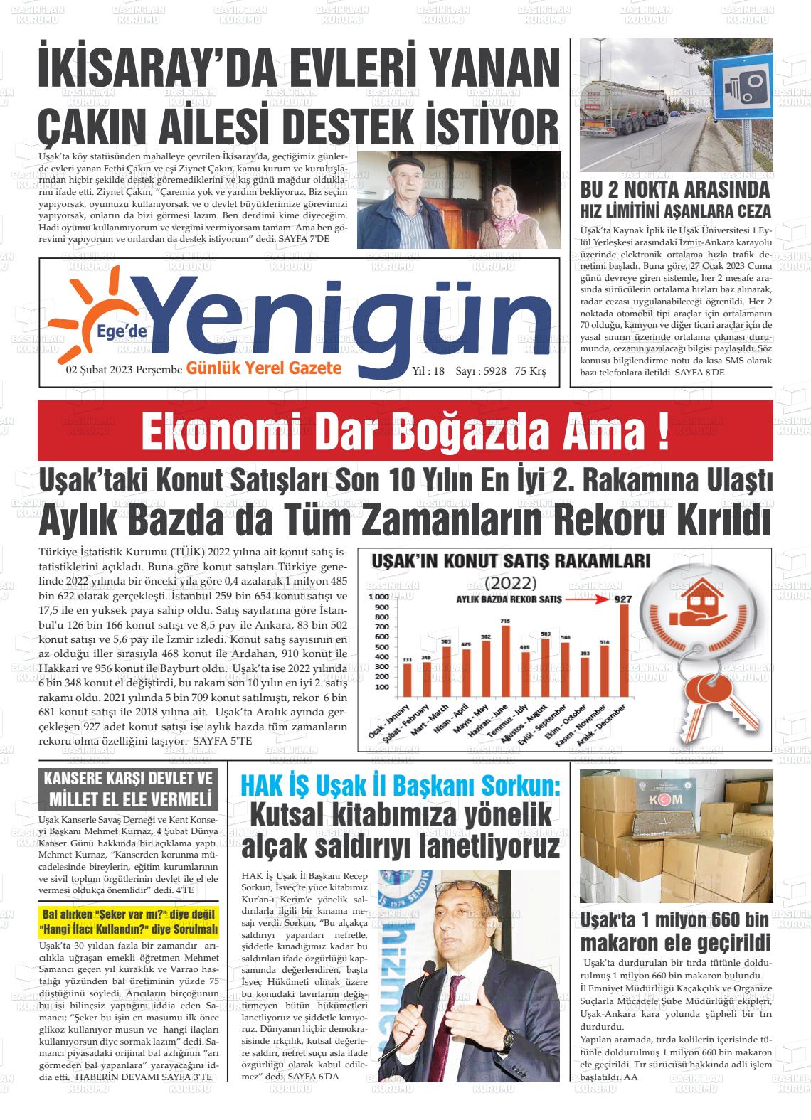 02 Şubat 2023 EGE'DE YENİGÜN GAZETESİ Gazete Manşeti