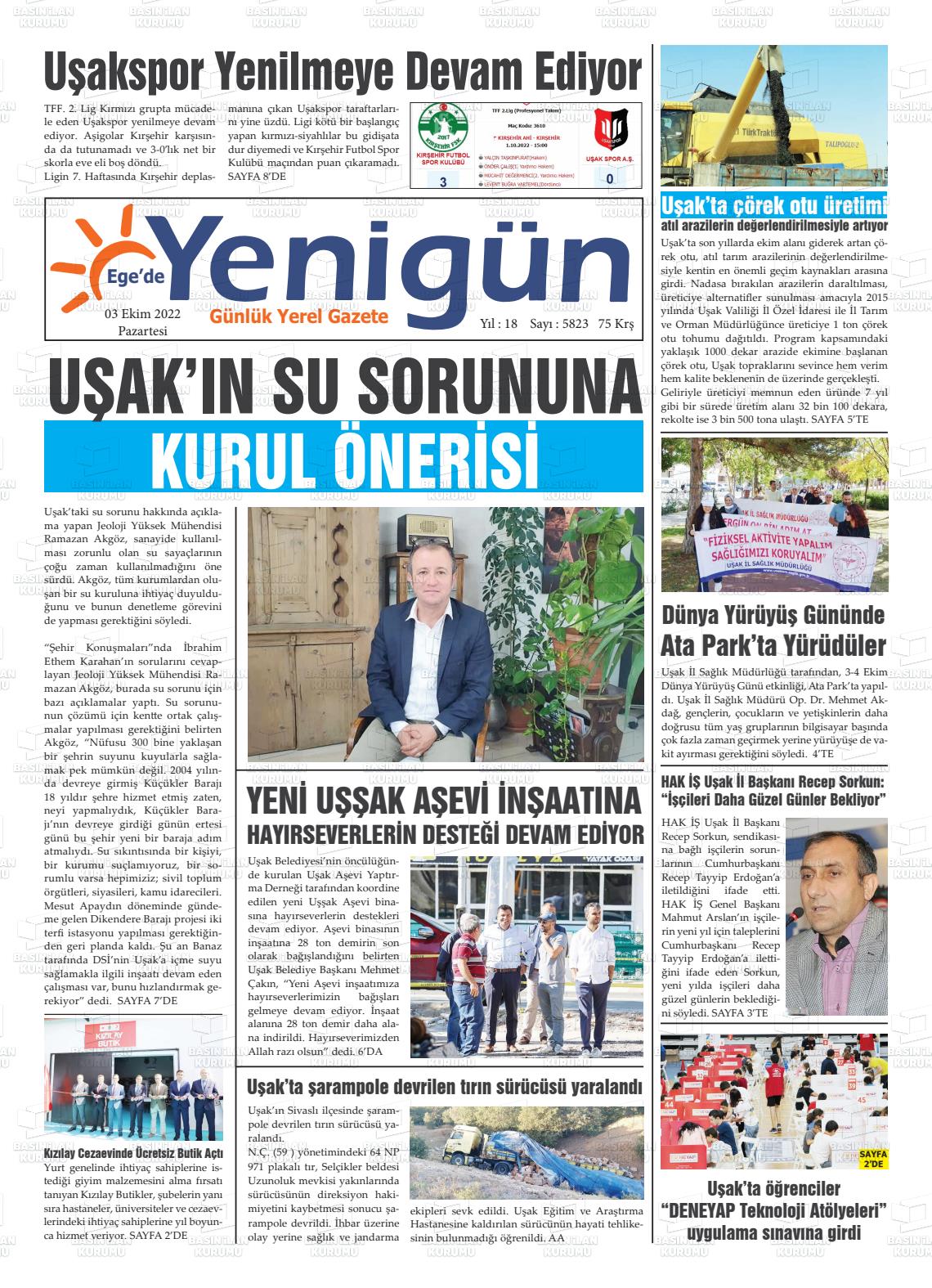 03 Ekim 2022 EGE'DE YENİGÜN GAZETESİ Gazete Manşeti