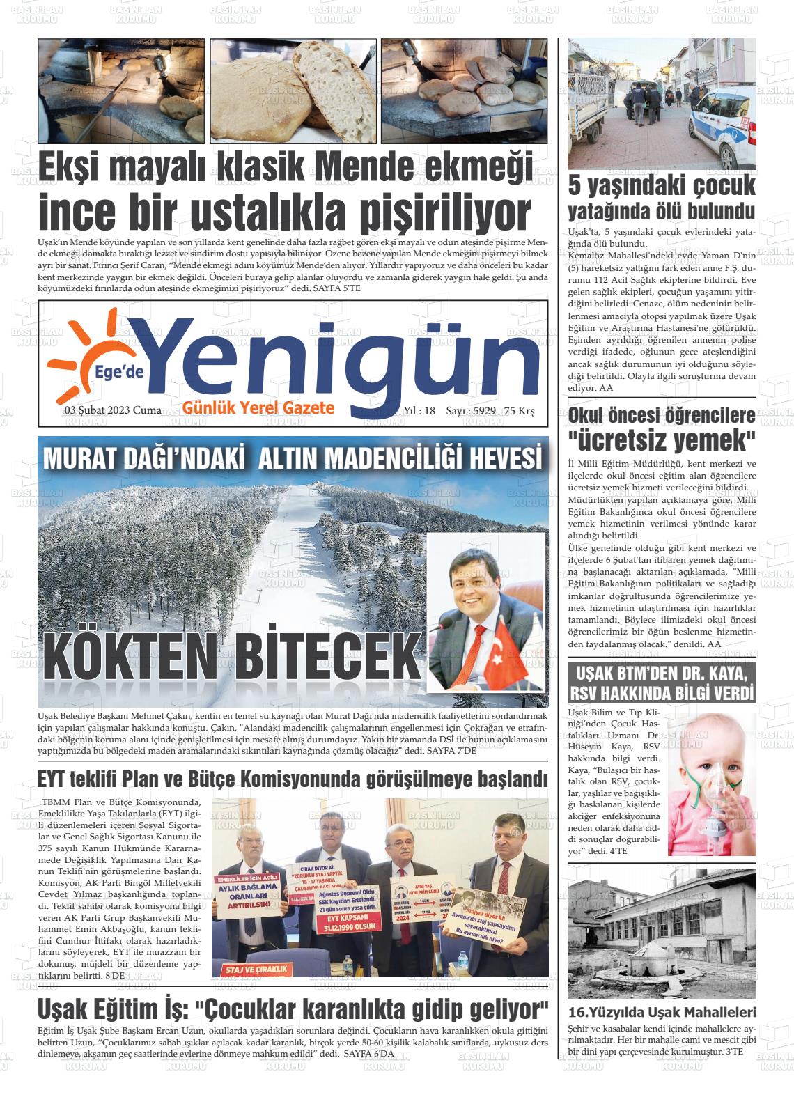 03 Şubat 2023 EGE'DE YENİGÜN GAZETESİ Gazete Manşeti