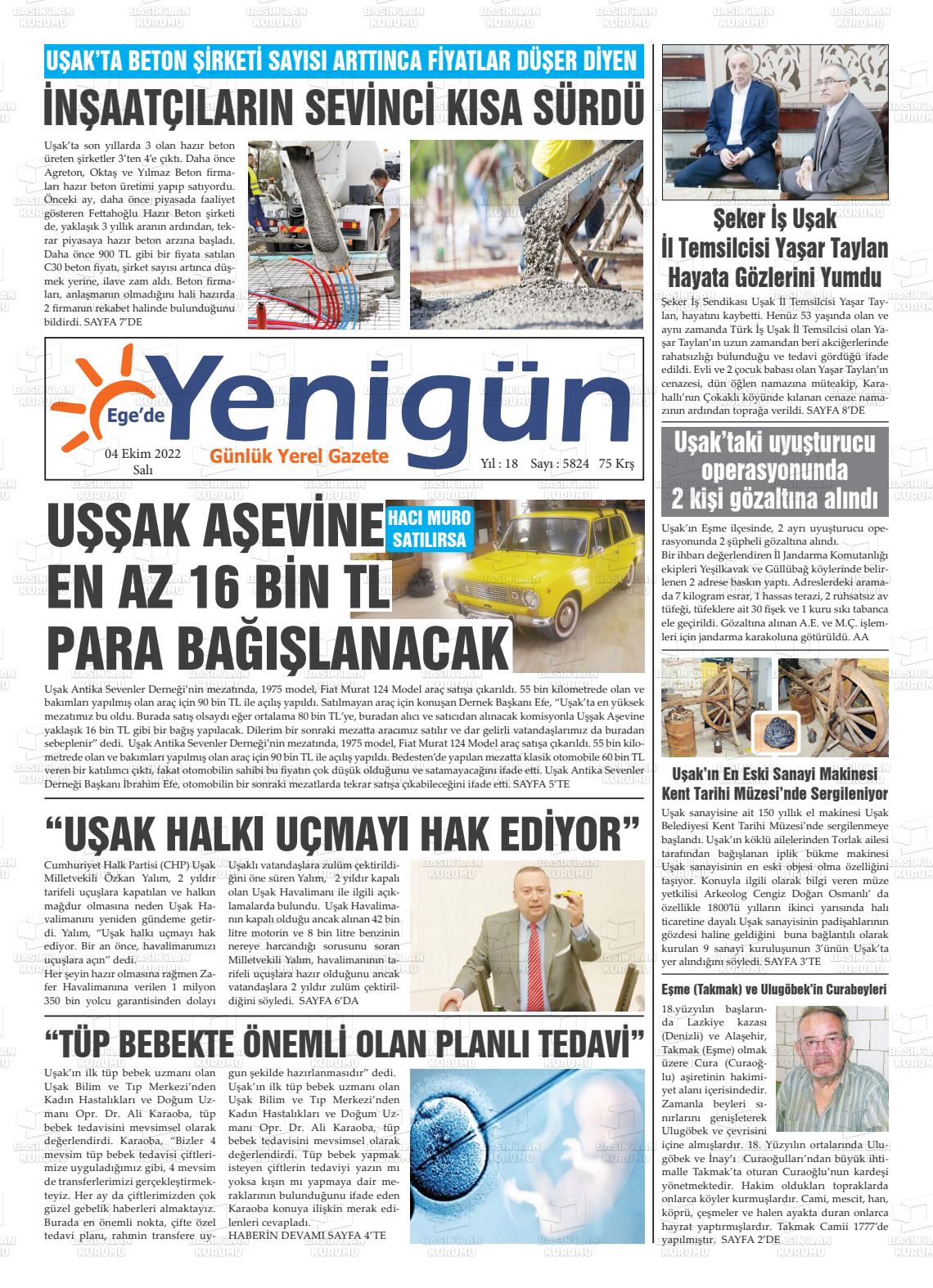 04 Ekim 2022 EGE'DE YENİGÜN GAZETESİ Gazete Manşeti