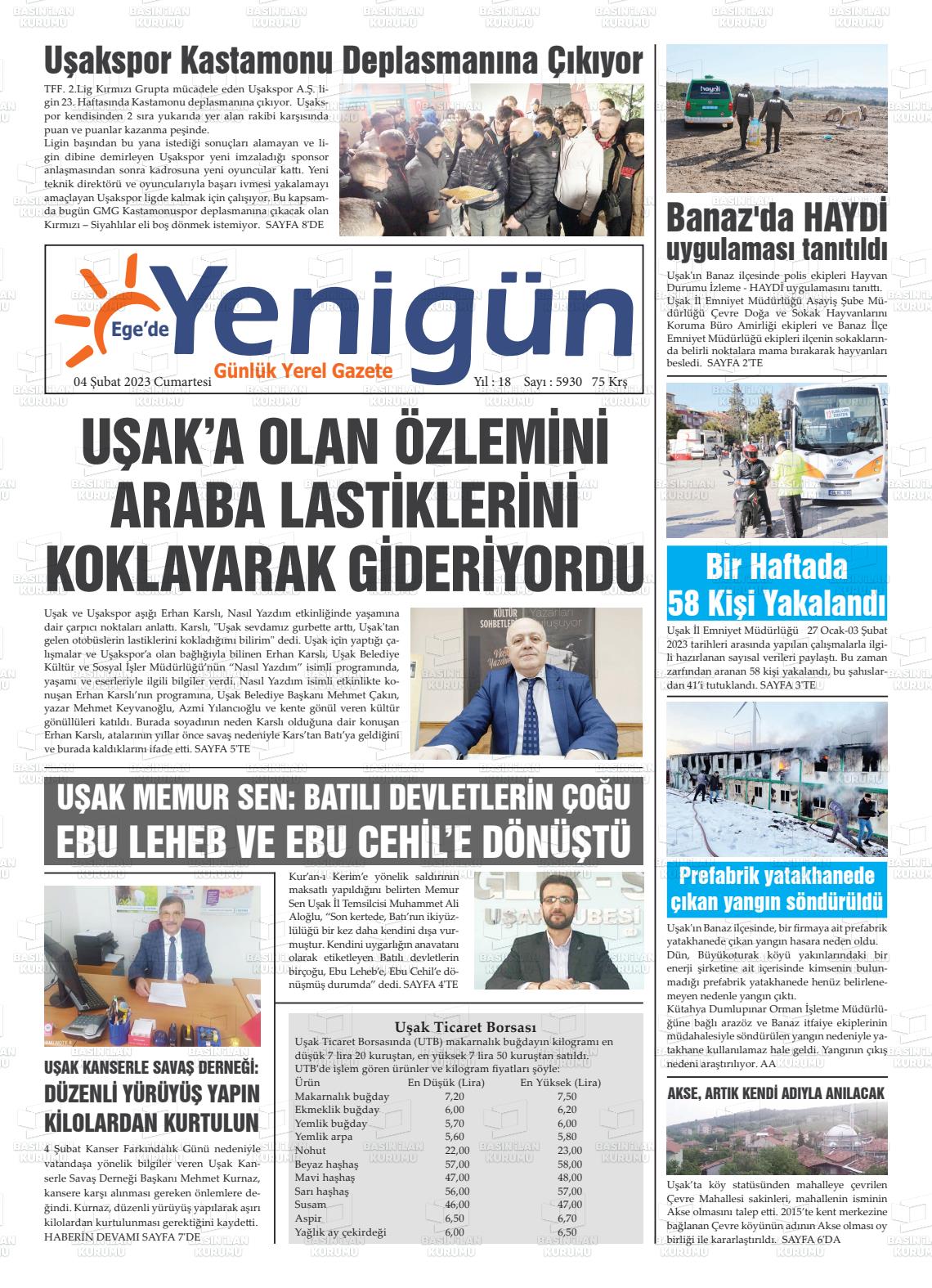 04 Şubat 2023 EGE'DE YENİGÜN GAZETESİ Gazete Manşeti