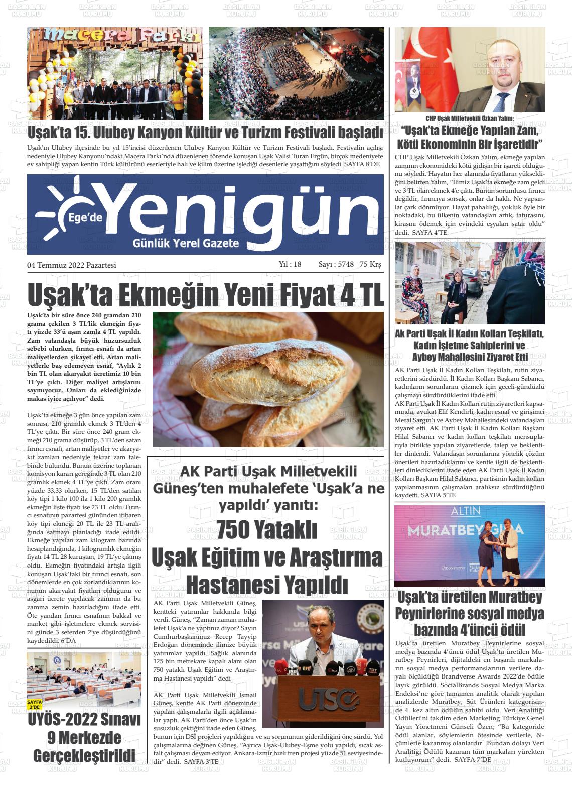 04 Temmuz 2022 EGE'DE YENİGÜN GAZETESİ Gazete Manşeti