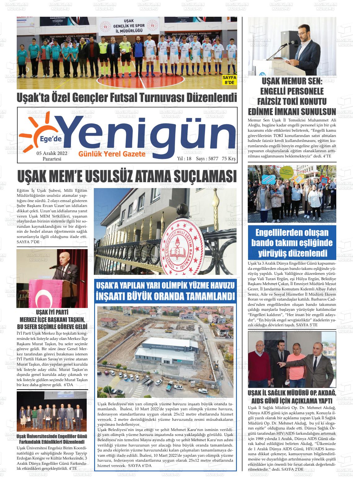 05 Aralık 2022 EGE'DE YENİGÜN GAZETESİ Gazete Manşeti