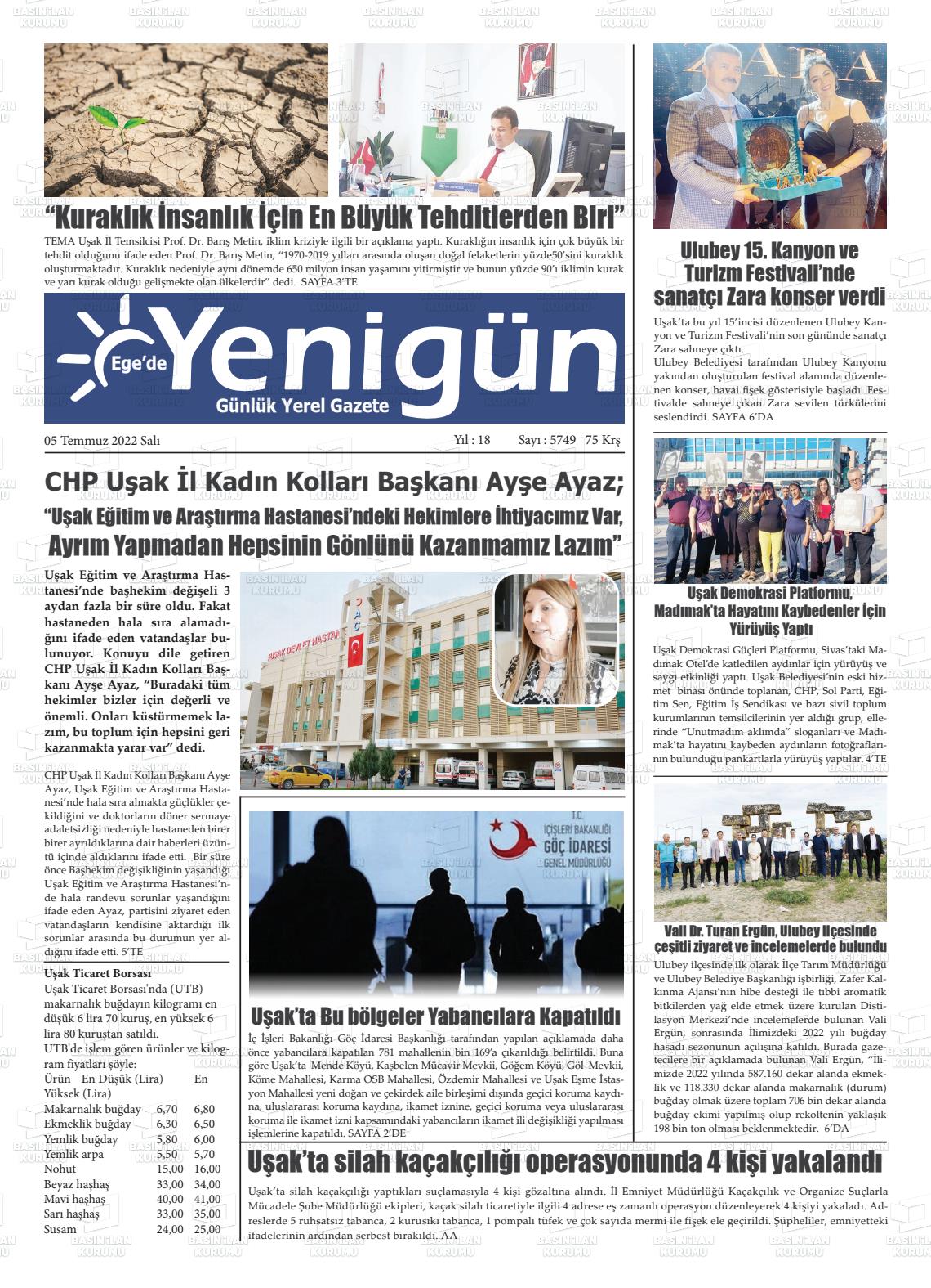 05 Temmuz 2022 EGE'DE YENİGÜN GAZETESİ Gazete Manşeti
