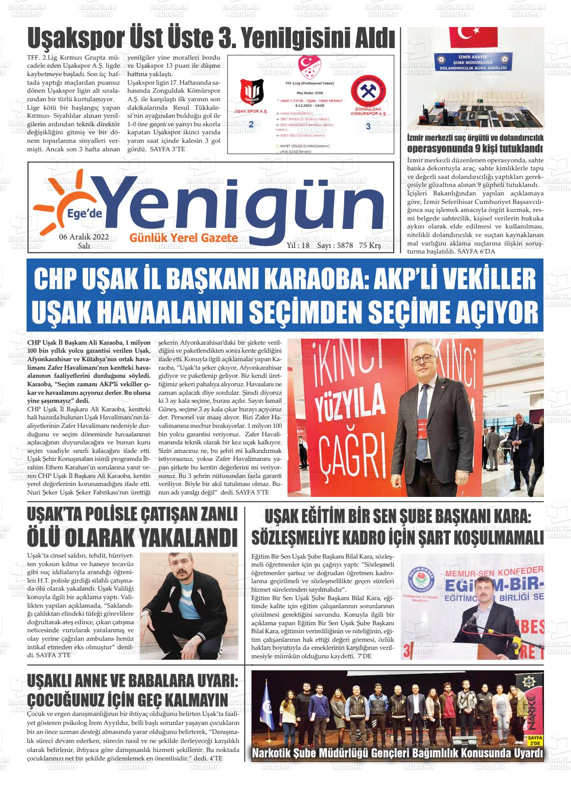 06 Aralık 2022 EGE'DE YENİGÜN GAZETESİ Gazete Manşeti