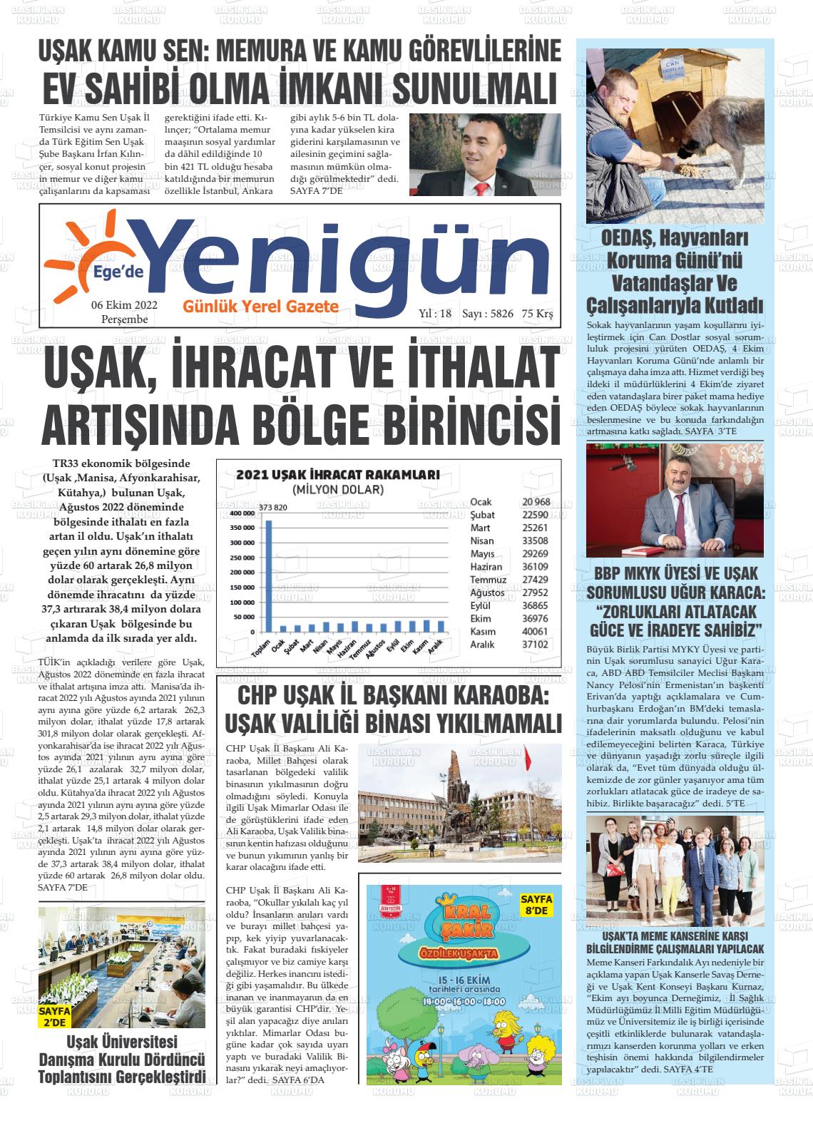 06 Ekim 2022 EGE'DE YENİGÜN GAZETESİ Gazete Manşeti