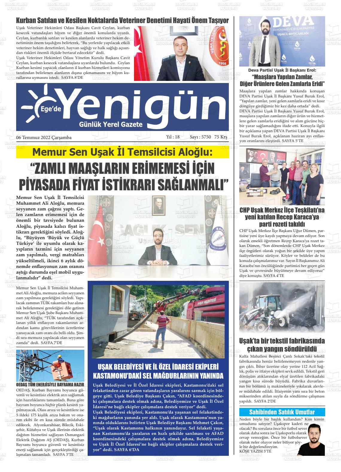 06 Temmuz 2022 EGE'DE YENİGÜN GAZETESİ Gazete Manşeti