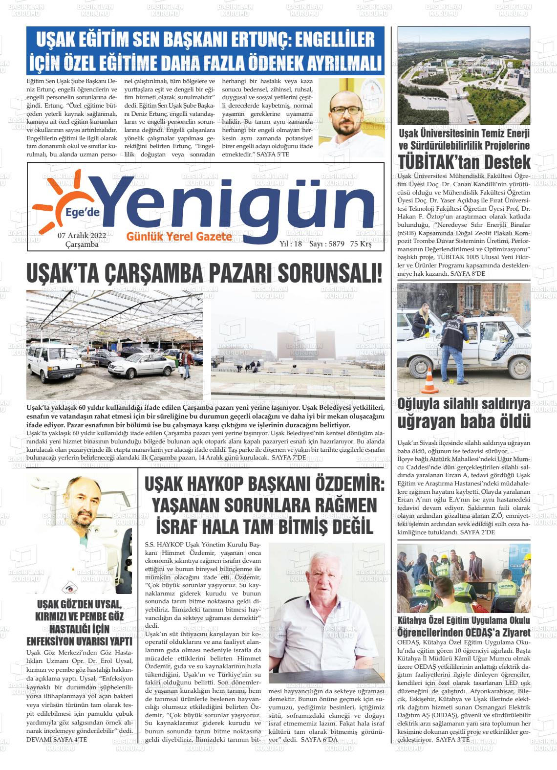 07 Aralık 2022 EGE'DE YENİGÜN GAZETESİ Gazete Manşeti
