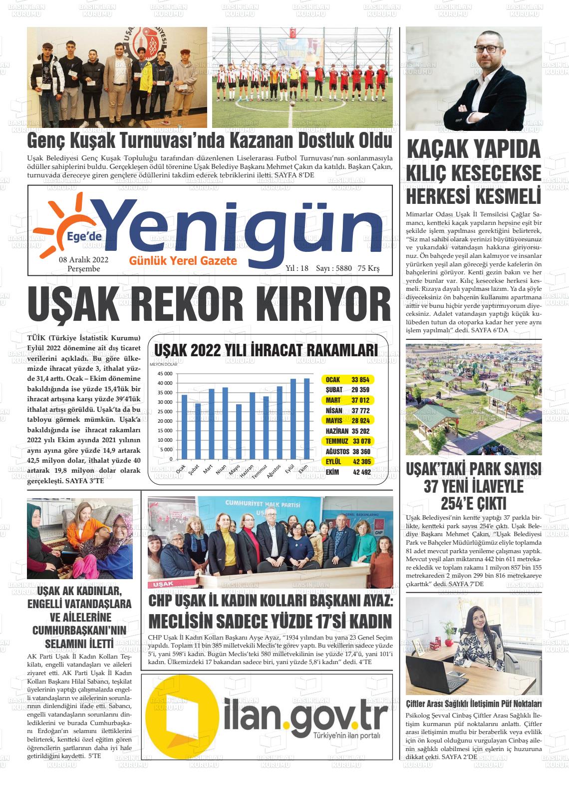 08 Aralık 2022 EGE'DE YENİGÜN GAZETESİ Gazete Manşeti